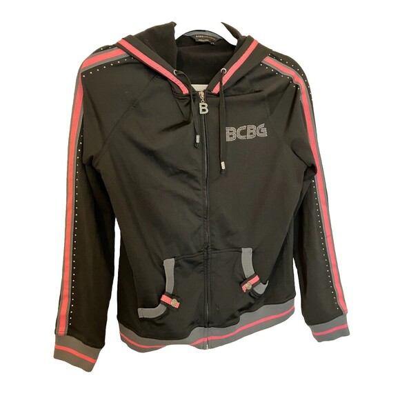 BCBG MAXAZRIA, Logo Rhinestone detail Full Zip Hoodie Y2K Tracksuit Black Medium - Picture 1 of 8